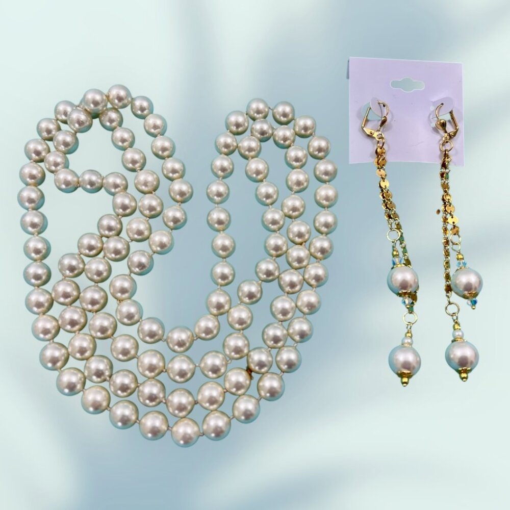 48" Large 10mm White Glass Pearl Necklace & 4" Long Shoulder-Length Earrings